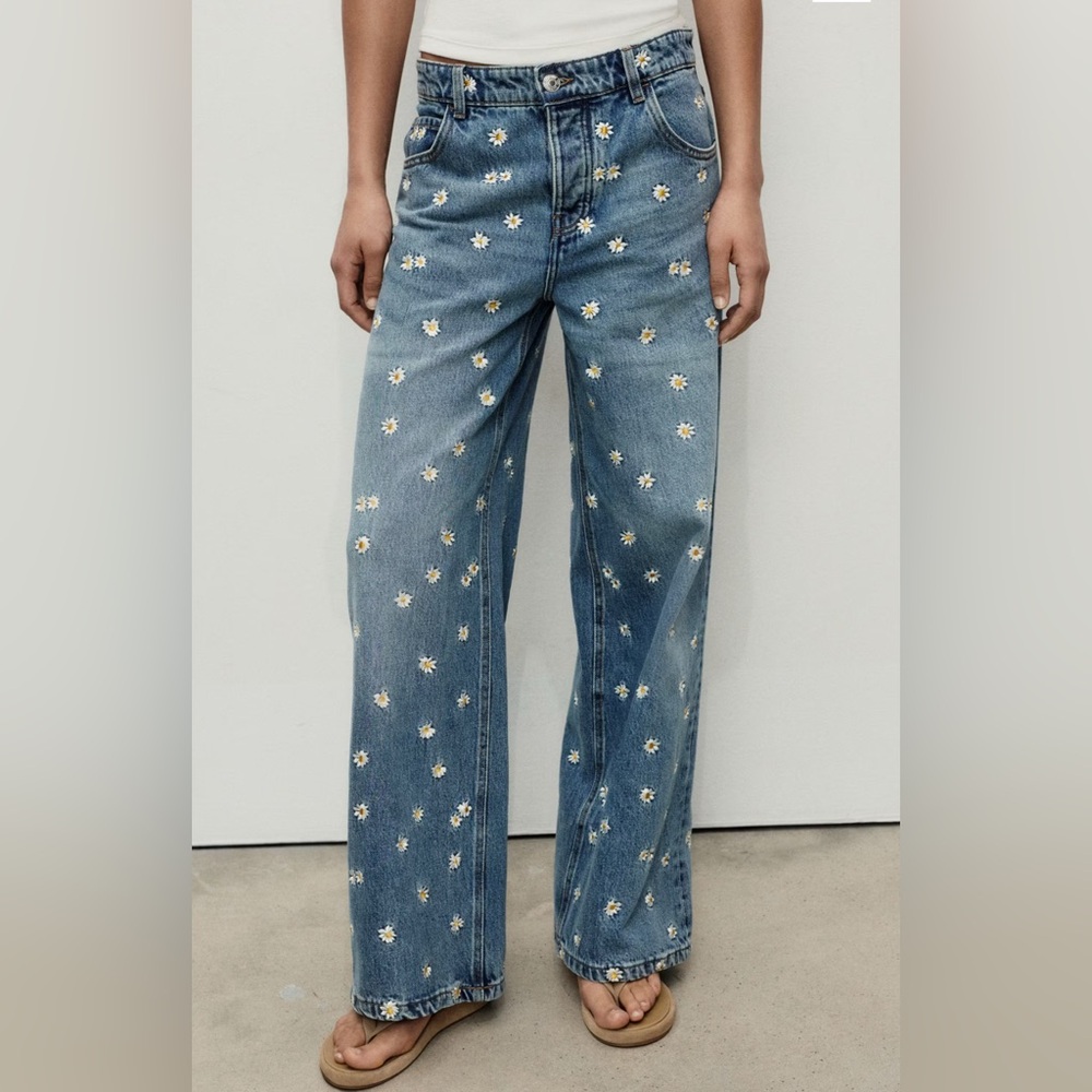 Mango Massy Daisy Embroidered Wide Leg Jeans Size 12